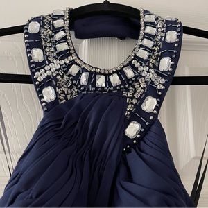 Morgan & Co. Navy Blue Empire Waist Halter Gown w/Bold Embellishments. Size 1/2.